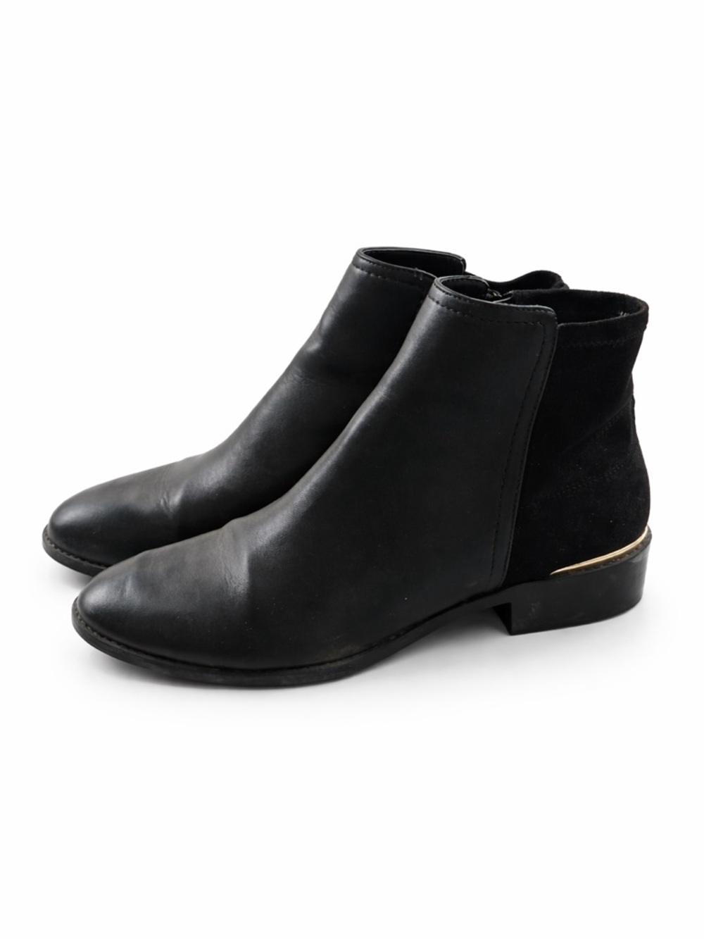 Ann Taylor Black Leather & Suede Ankle Booties with Gold Heel Trim